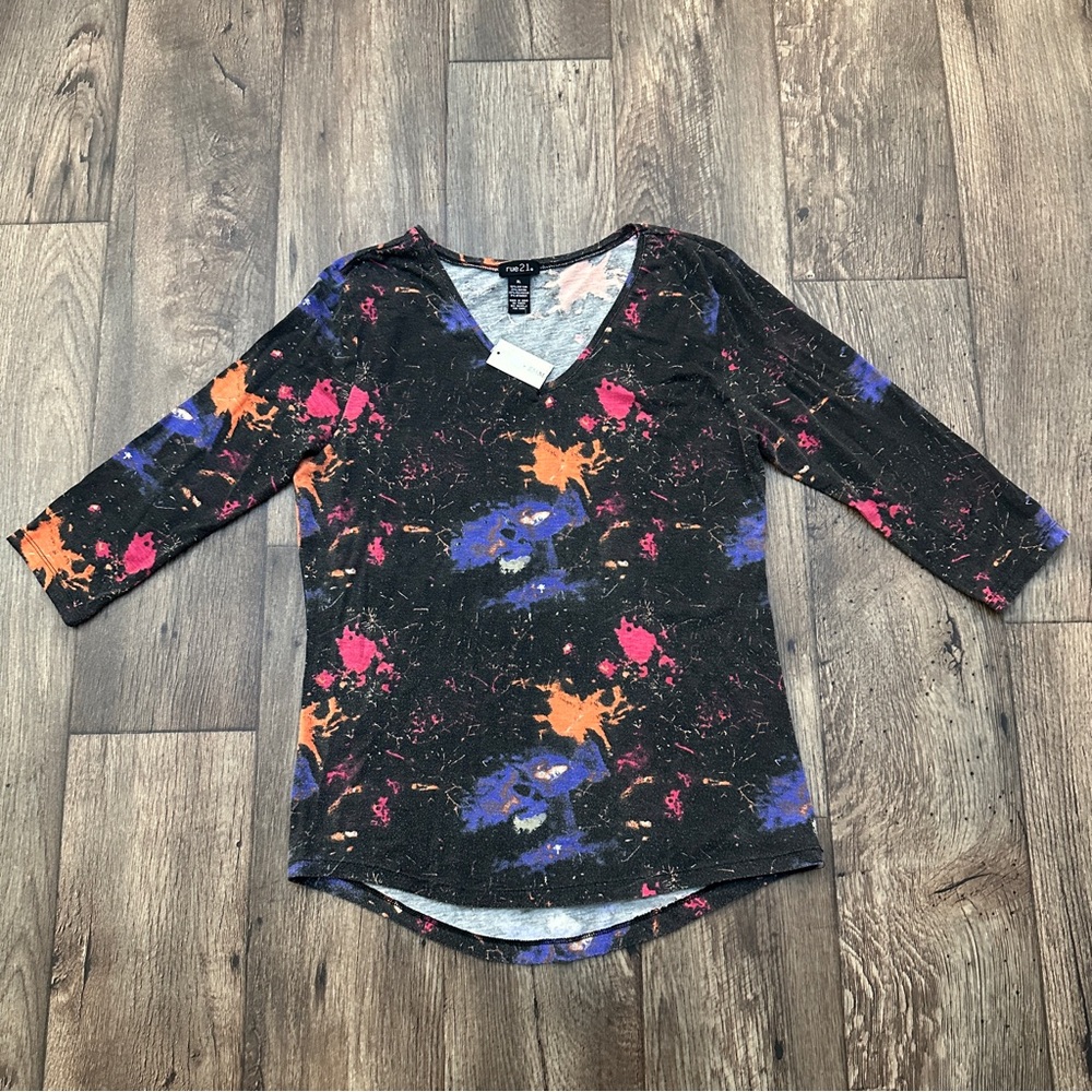Rue 21 Art Paint Splatter Soft Top Juniors Size XL Black Multicolor